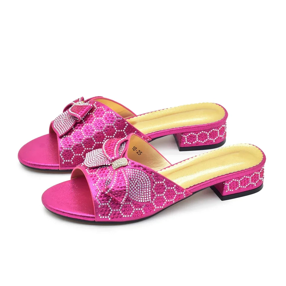 Women Bow Pumps Decorated with Rhinestone Slip-On Peep Toe Low Heels Ladies Dress Party Shoes for Bride's Wedding