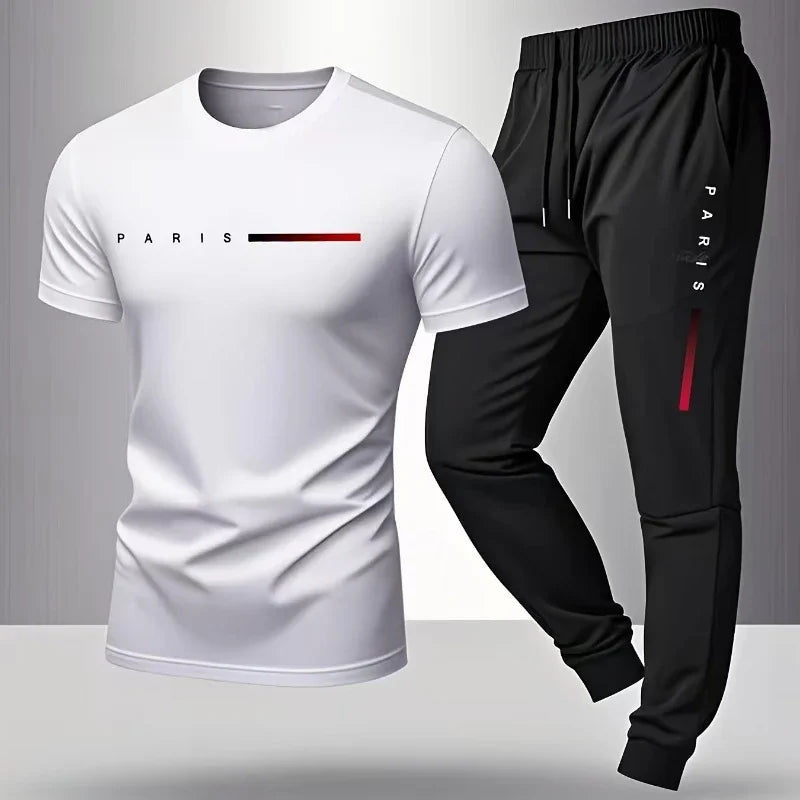 PARIS Men’s Casual 2-Piece Tracksuit Set – Letter Print T-Shirt & Shorts Summer Sportswear Outfit