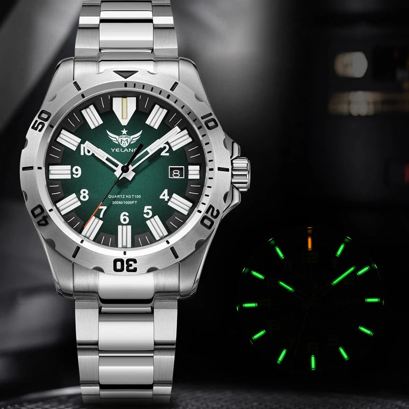 YELANG V1036 42mm Men's Quartz Watch Luminous Display Japan Movement 30ATM Waterproof Stainless Steel Band with Luminous Hands