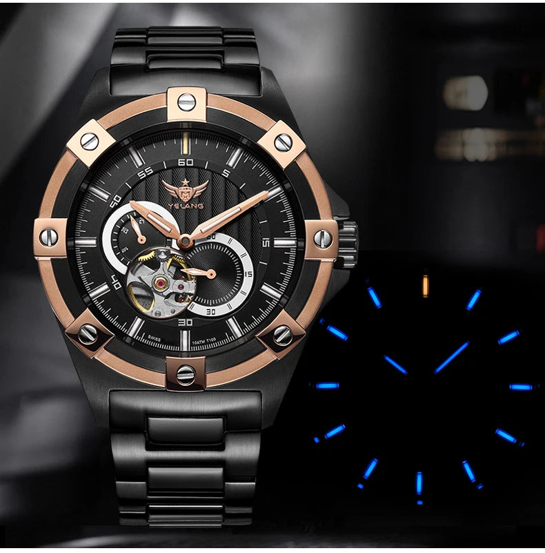Yelang V1024 Men's 44mm Automatic Mechanical Watch Luminous 100m Water Resistant Japan Miyota 82S7 Movement Stainless Steel Band