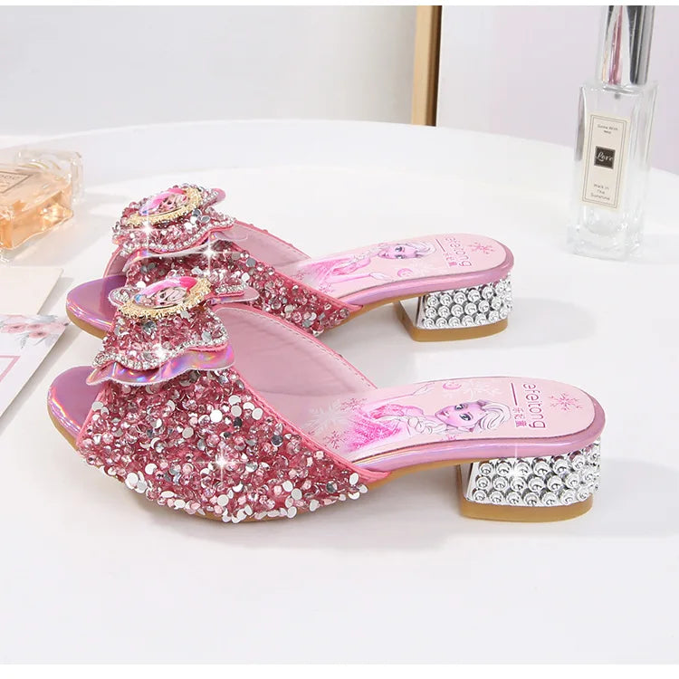 Zomersandalen voor meisjes, modieuze slippers met pailletten, prinsessenschoenen voor kinderen, hoge hakken, feestjurken, Elsa-schoenen, leren slippers voor meisjes