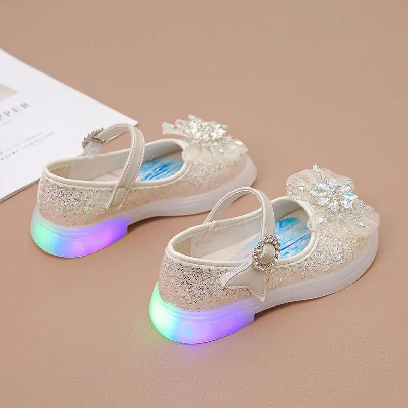 Disney Children High Heel Princess Elsa Party LED Light Shoes Summer Girls Sandals Baby Girls Crystal Blue Pink Shoes 23-34