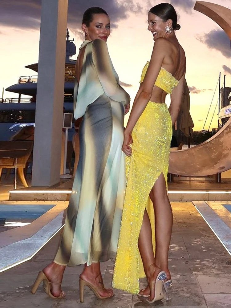 Sequins 2-Piece Set Women Glitter Tube Tops + Long Skirts Skinny Summer Trend Beach Party Matching Vacation Sexy Suit