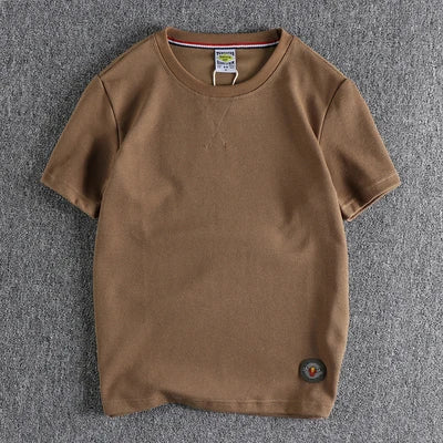 Zomer Nieuw Amerikaans Retro Waffle Microchapter T-shirt Herenmode Eenvoudig Gewassen Korte Mouw O-hals Casual Losse Jeugd Tops