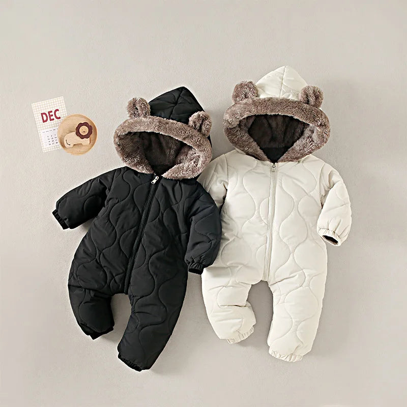 Baby's Winter Warm Clothes Fur Lining Rompers Fur Hoodie Jumpsuit Thicken Fleece Toddler Outfit 0-2Y