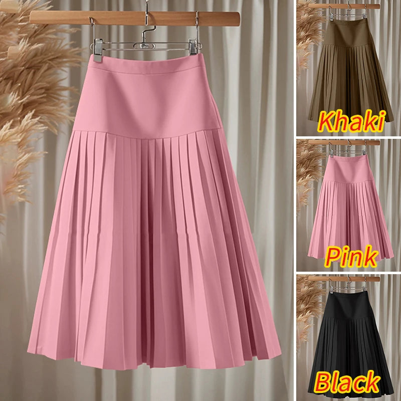 Elegant A-Line Pleated Skirts Women Fashion High Waist Patchwork Midi Faldas Mujer Office Commuting Solid Jupes Femme