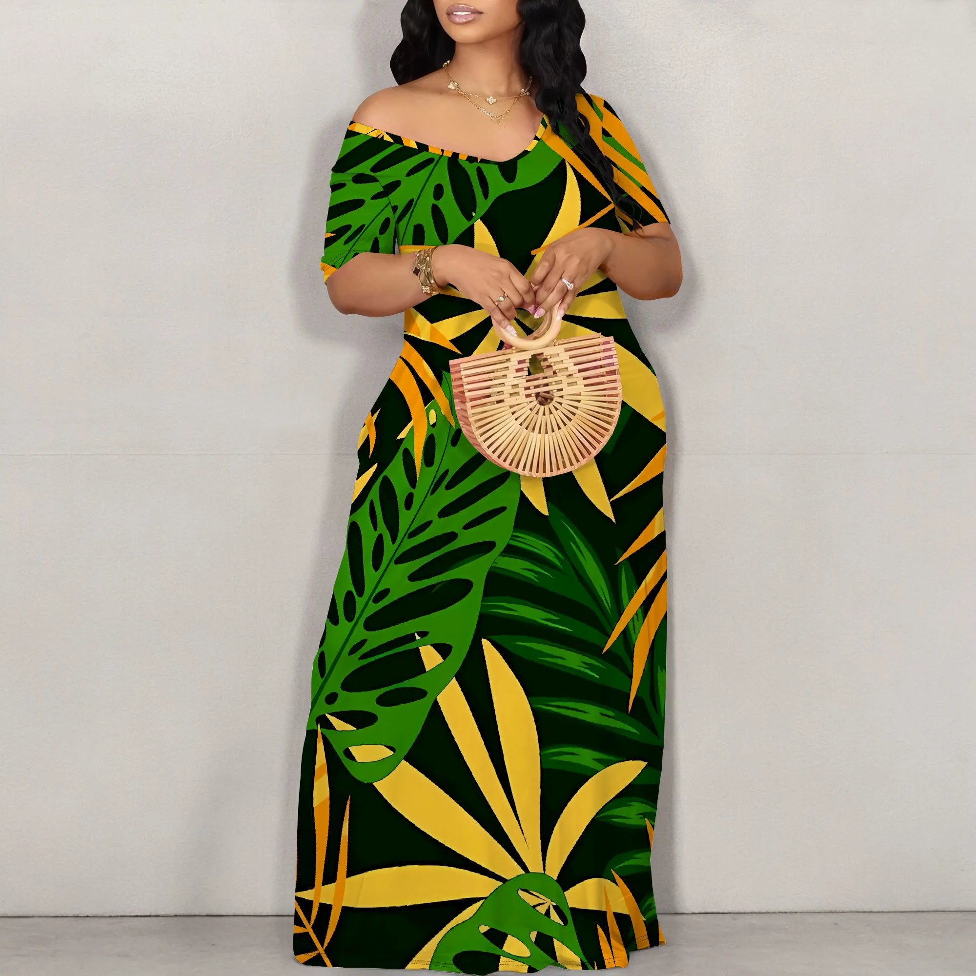 Summer Off Shoulder Maxi Dress Green Yellow Bold Leaf Print Women Holiday Beach Dress