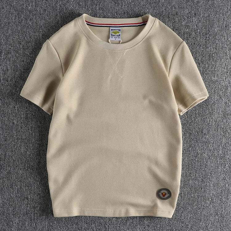 Zomer Nieuw Amerikaans Retro Waffle Microchapter T-shirt Herenmode Eenvoudig Gewassen Korte Mouw O-hals Casual Losse Jeugd Tops