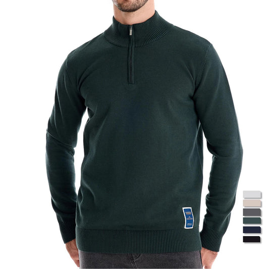Men's Quarter Zip Cotton Pullover Sweaters Solid Colour Casual Social Knitted Mock Neck Polo Sweaters for Men