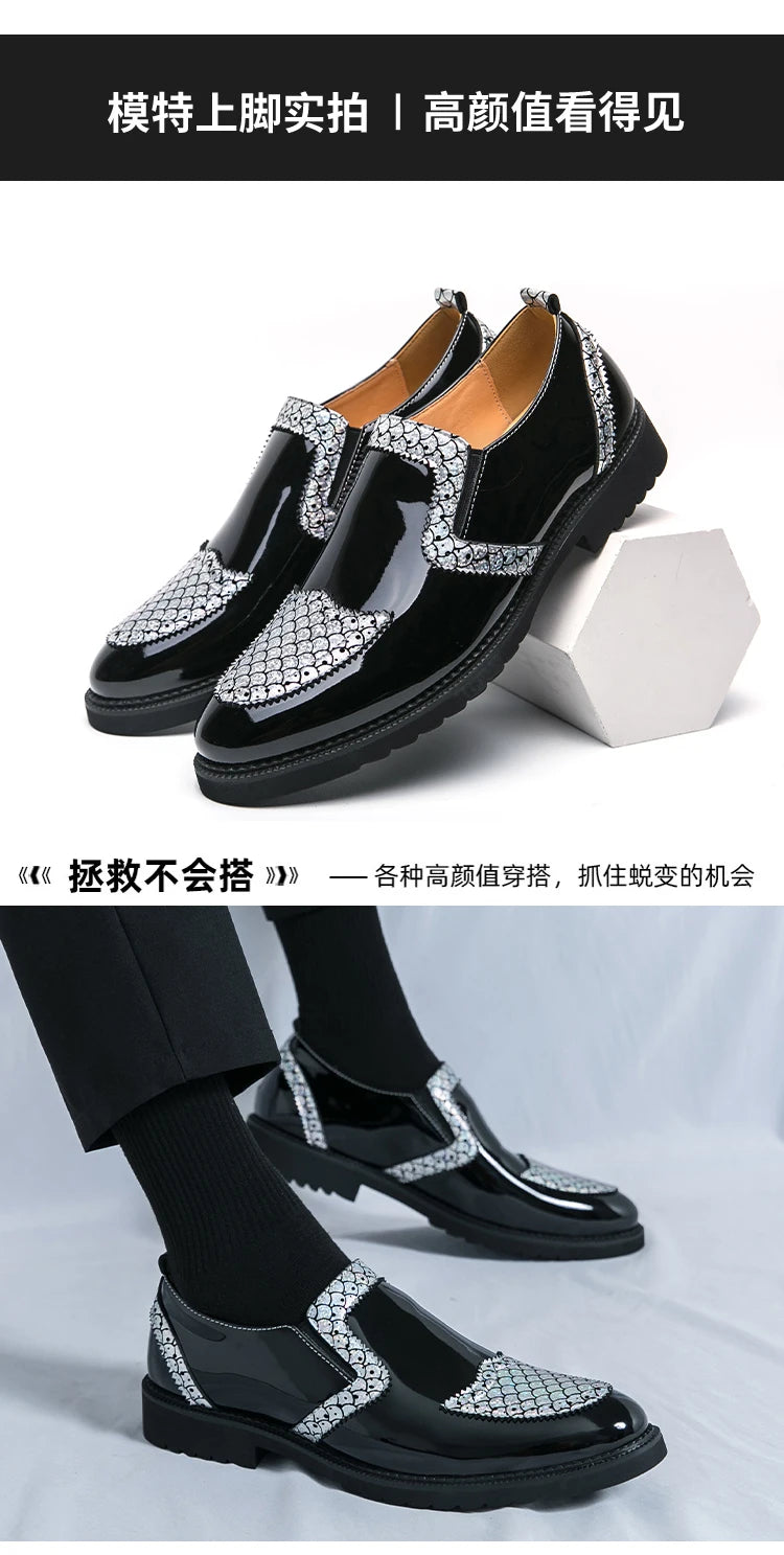 Slip-on Men Formal Dress Party Shoes Black Silver Male Business Adult Loafers Large Size 38-47 Adult Fashionable Wedding Shoes