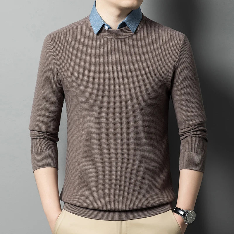Men's Top Grade Fake Two Collared Fashion, Designer Knitted Pullover Sweater, Casual Brand Slim Fit Male Jumpers