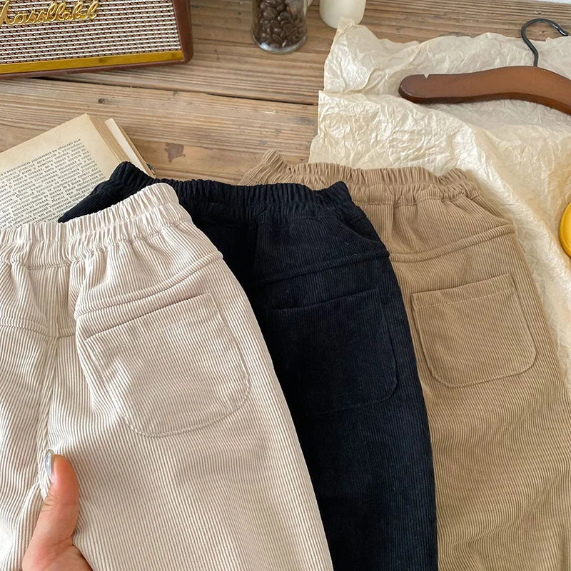 Winter Warm Kids Pants Fleece Lining Corduroy Fleece Boys Girls Trousers Outerwear Clothing 1-6Y Unisex