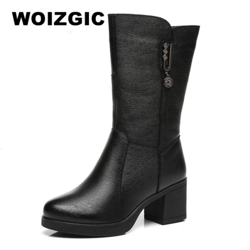 Women Genuine Leather Mid Calf Boots Female Mather Ladies Winter Fur Plush Warm