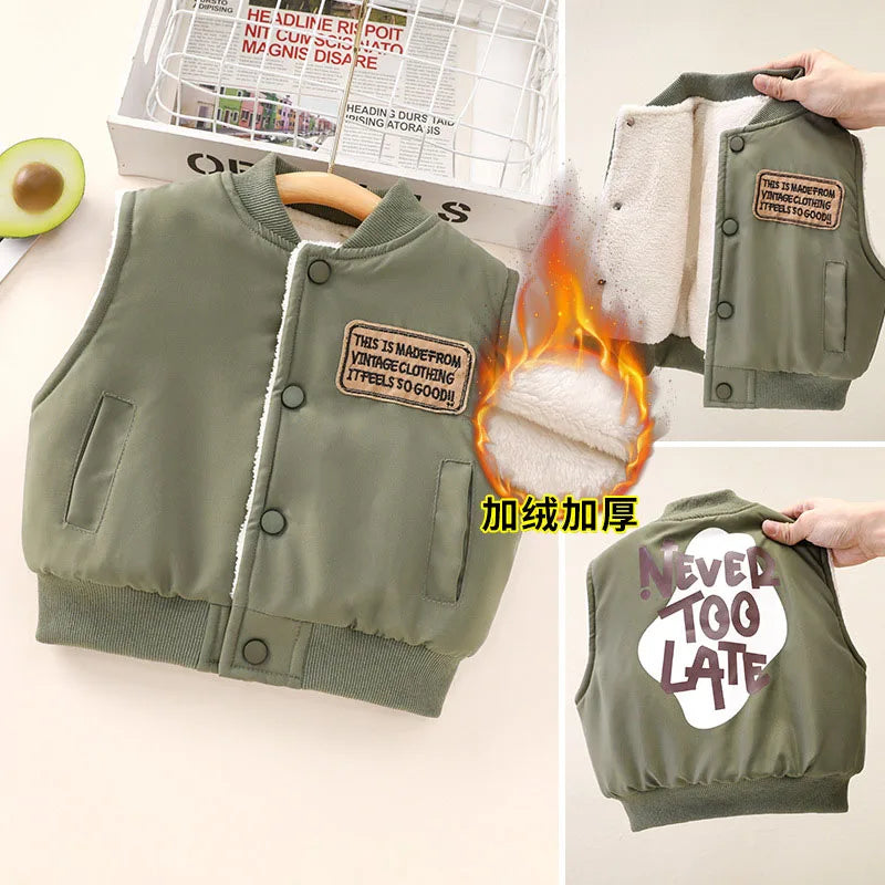 New Autumn Boy's Thicken Vest Cartoon Letter Kids Outwear Waistcoat Winter Warm Children Fleece Padded Clothes 1-7T Unisex