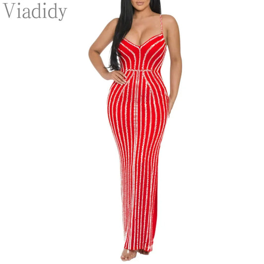 Women's Sexy Solid Color Spaghetti Strap Rhinestone Decor Deep V Neck Party Dress