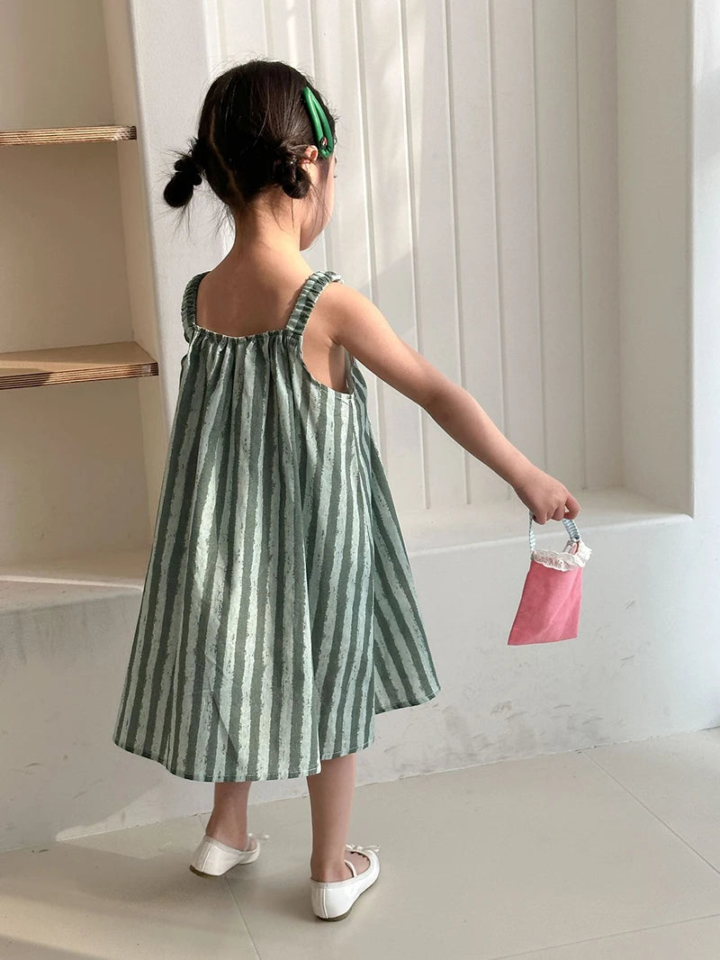 Children's Summer Clothes 2PCs Set Boys' Pure Cotton Striped Tee and Shorts Suit Cute Girls Suspenders Dress Siblings' Outfit Unisex