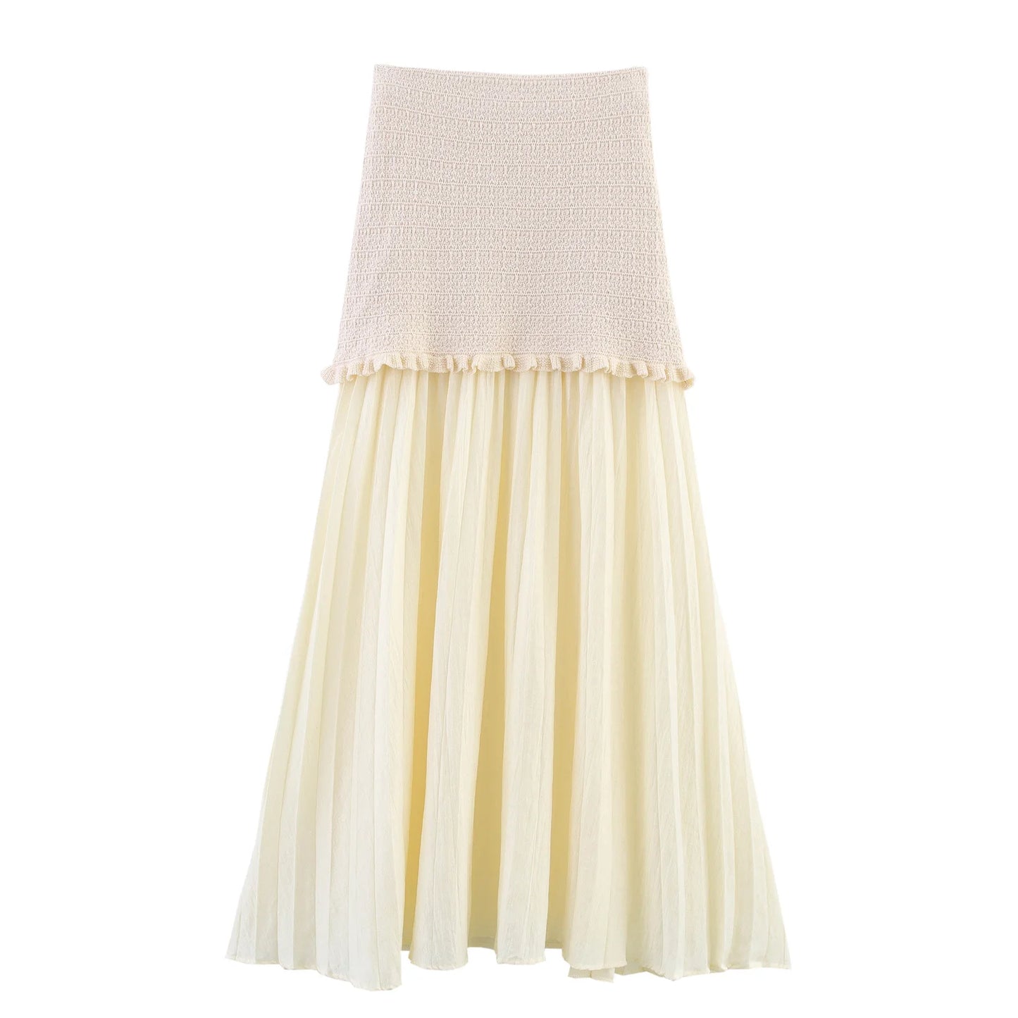 Elastic High Waist Patchwork Knit Skirt for Women Pleated Hem Elegant Long Ankle-Length Polyester Faldas Mujer