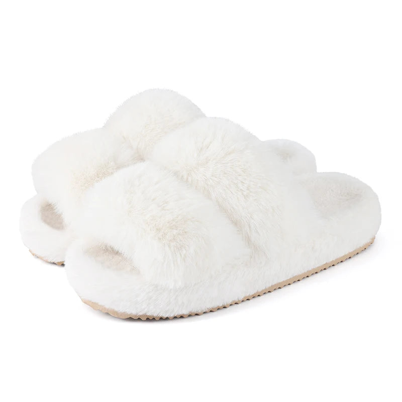 Women's Winter Warm Fluffy Platform Slippers Plush Open Toe Footwear Flat Slides Suitable For Indoor Use Ladies' Shoes