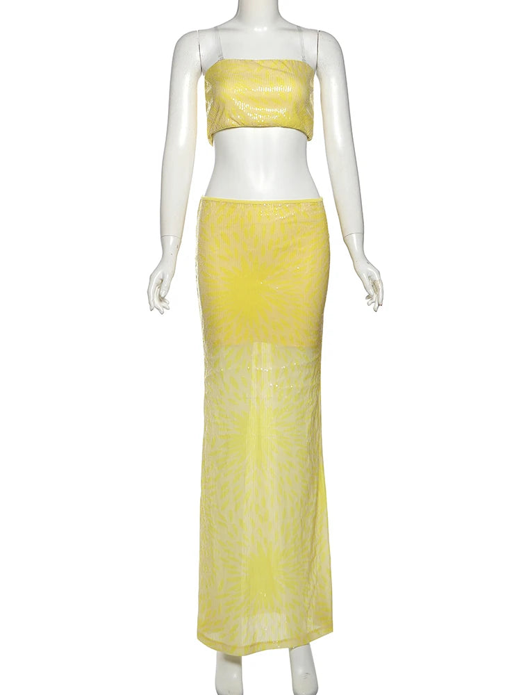 Sequins 2-Piece Set Women Glitter Tube Tops + Long Skirts Skinny Summer Trend Beach Party Matching Vacation Sexy Suit