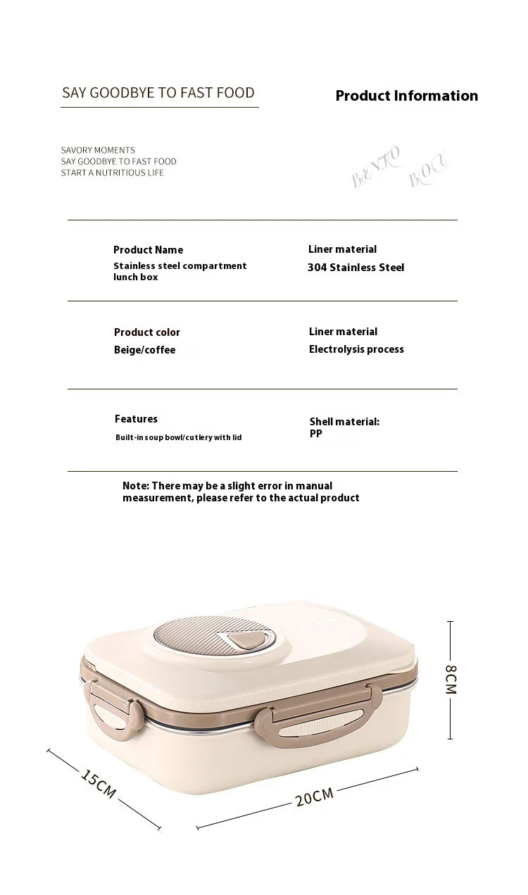 304 Stainless Steel Microwave Safe Partitioned Bento Box - Large Capacity Lunch Container for Students & Office Workers