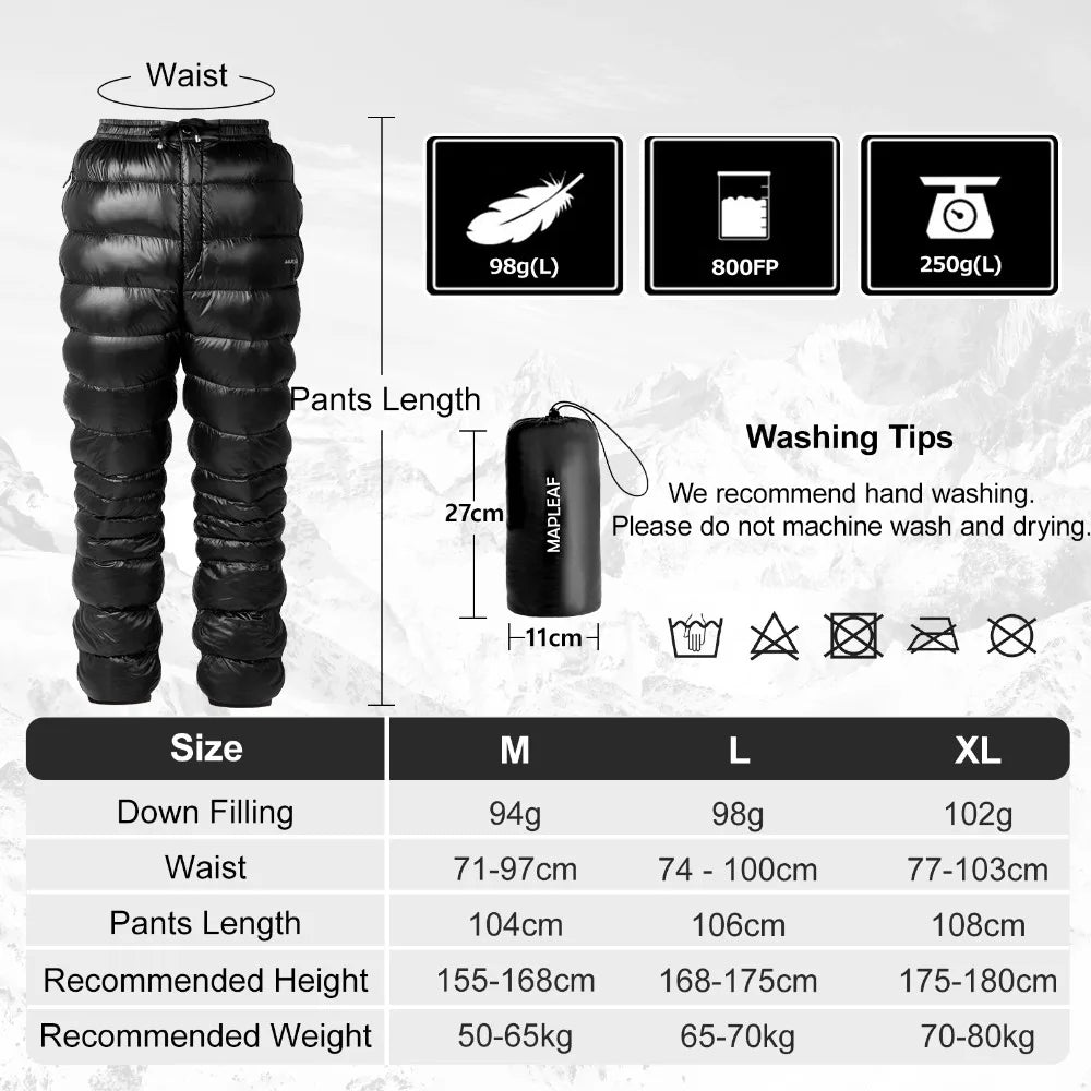 Down Pants Ultralight Warm 800FP Winter Snow Pants With Zipper Pockets Windproof Waterproof Camping Home Unisex