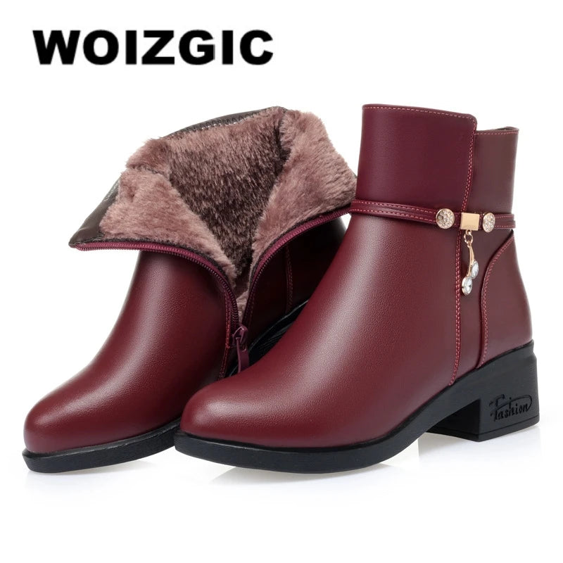 Women's Mother Female Genuine Leather Shoes Ankle Boots Winter Fur Plush Wool Warm Zipper