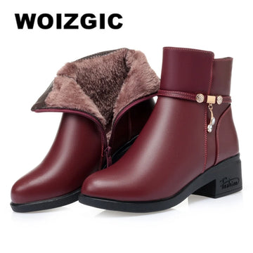 Women's Mother Female Genuine Leather Shoes Ankle Boots Winter Fur Plush Wool Warm Zipper