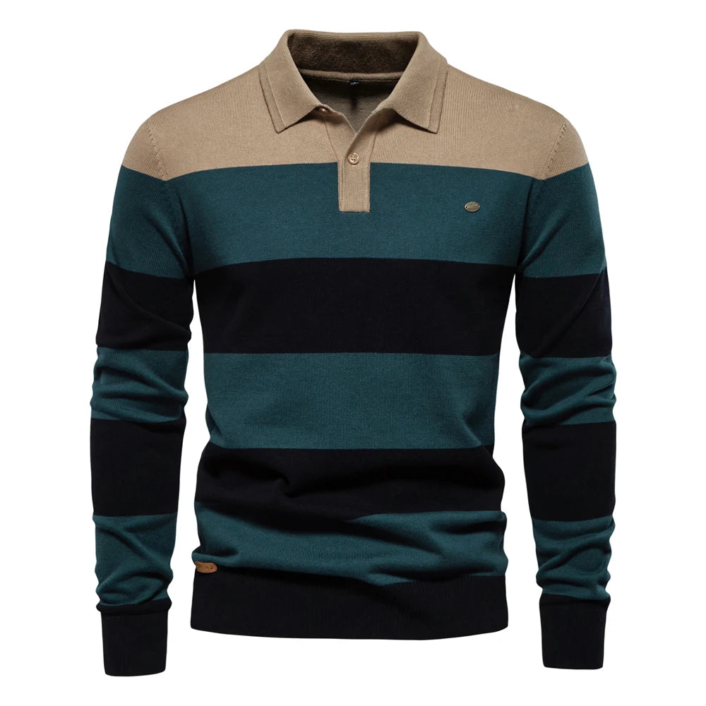 Herren-Pullover mit Streifen aus Baumwolle und Polokragen zum Knöpfen, lässiger Business-Pullover für Herren