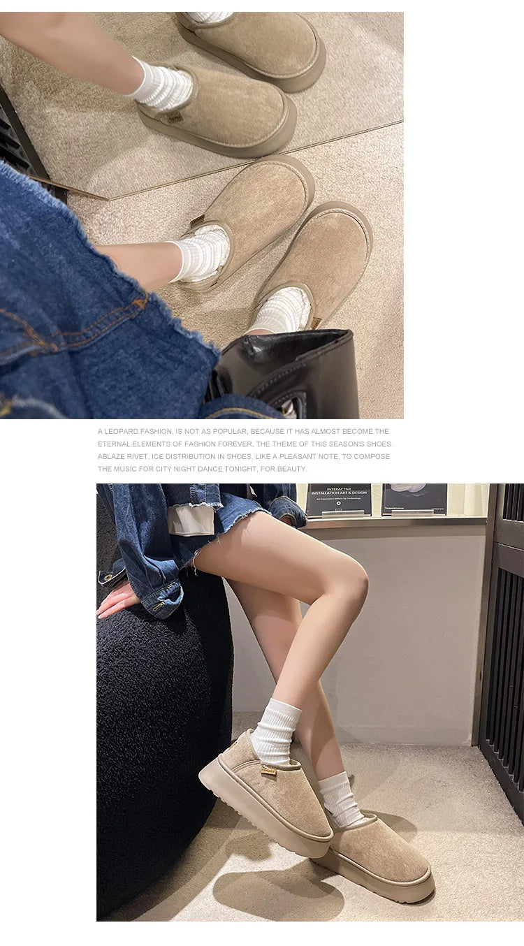 Women's Winter Warm Fuzzy Lining Cotton Shoes Fur Fluffy Slippers For Indoor and Outdoor Use With Anti-Skid Plush Thick Sole Cotton Shoes