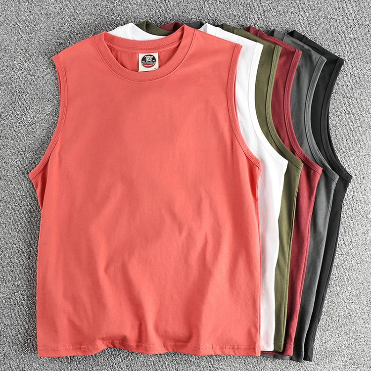 2025 Summer New American Retro Sleeveless O-neck Solid Color T-shirt Men's Fashion 100% Cotton Basketball Sports Casual Vest