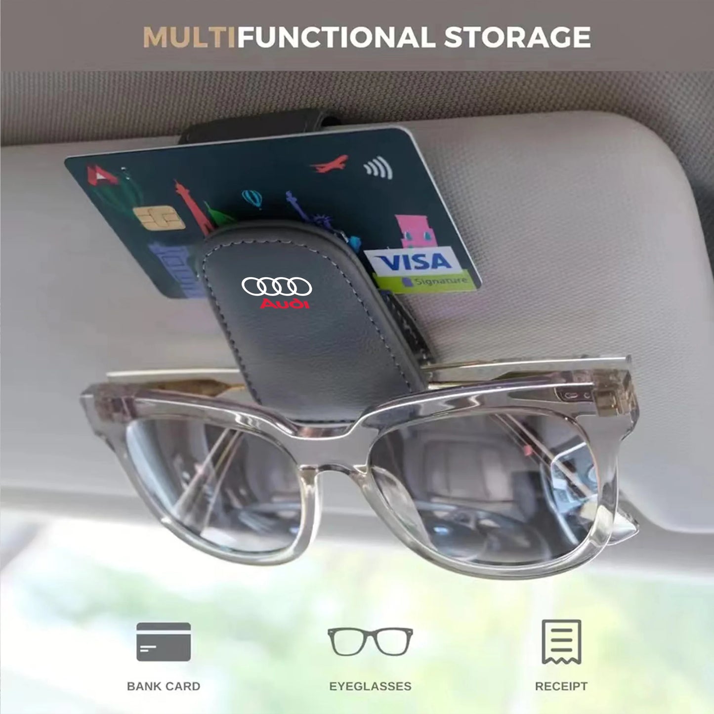 Car Leathers Glasses Clip Sun Visor Sunglasses Card Box For Audi Quattro Sline A3 A4 A6 A5 Q5 A1 Q7 Q3 Q2 Q8 A7 A8 TT S1 SQ5