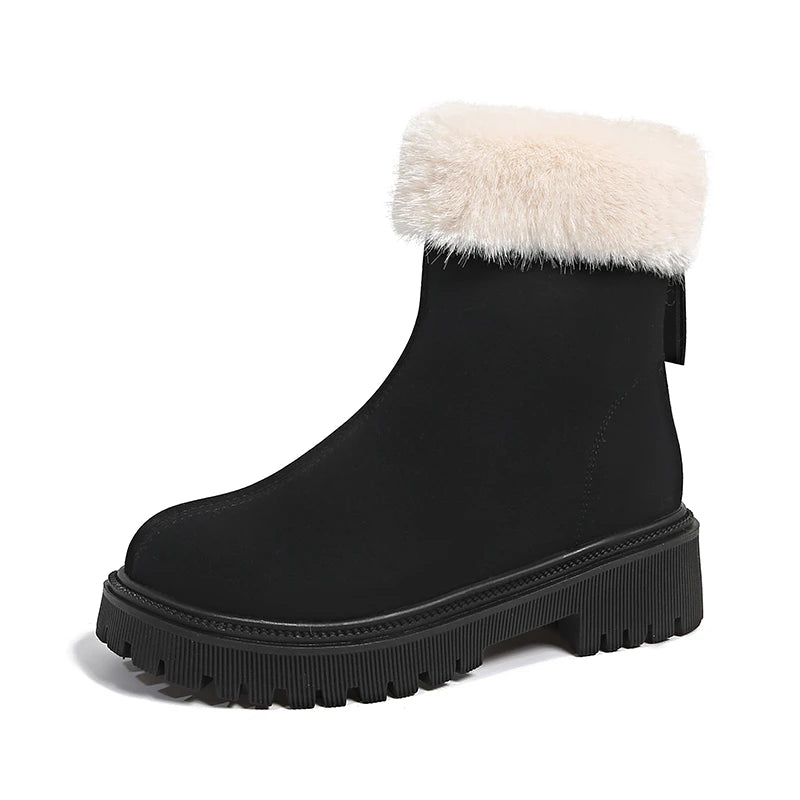 Women's Winter Boots 2024 New Fashion Velvet Lined Solid Color Ankle Square Heel Round Toe Outdoor Snow Boots Thick Soles Zipper
