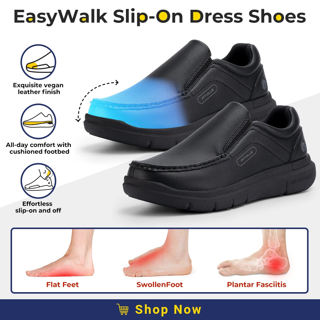 Men's Shoes Wide Width Leather Slip-On Casual Shoes Lightweight For Swollen Feet with Arch Support Pain Relief