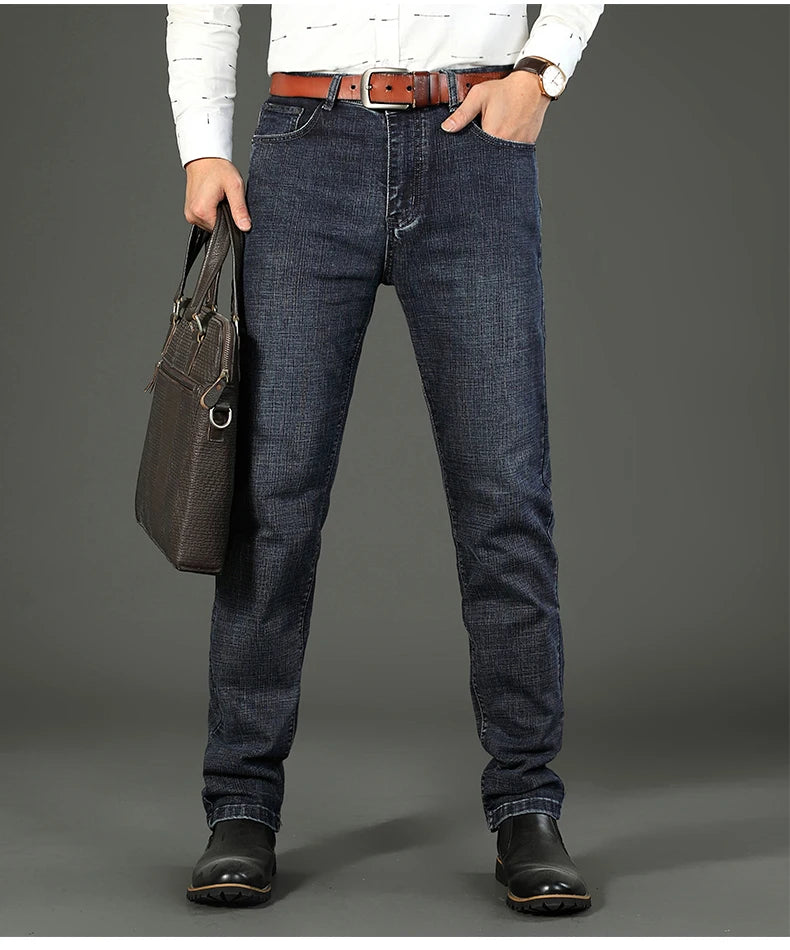 New Business Men's Jeans Casual Straight Stretch Fashion Classic Blue Black Work Denim Trousers Male Brand Clothing