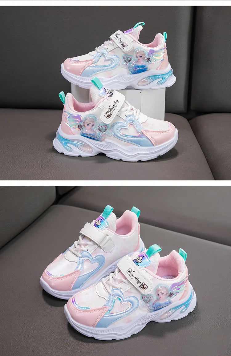 Girls' Casual Shoes Frozen Princess Elsa Sneakers Mesh Leather White Breathable Sole Children's Sport Shoes Size 26-37