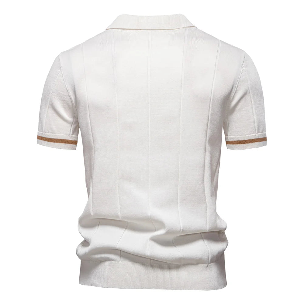 2025 Summer Men's Knit Cotton Polo Shirt - Breathable & Stretch Turn-Down Collar Design for Business Golf and Social Events