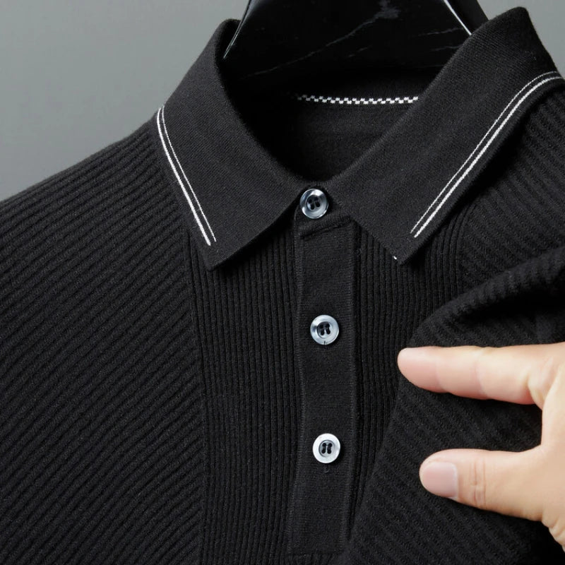 Men's Solid Colour Business Casual Polo Shirt, Suitable For Daily Commute, Pullover Sweater, Warm Knitted Long-Sleeved Cardigan