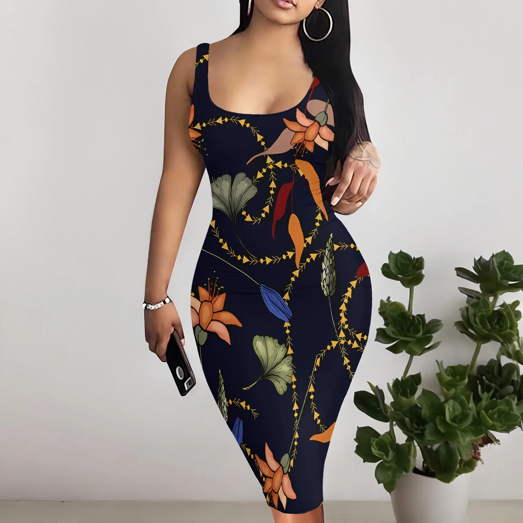 Summer Sleeveless Bodycon Midi Dress Women Abstract Leaf Print Sexy Clubwear Casual Tank Outfit