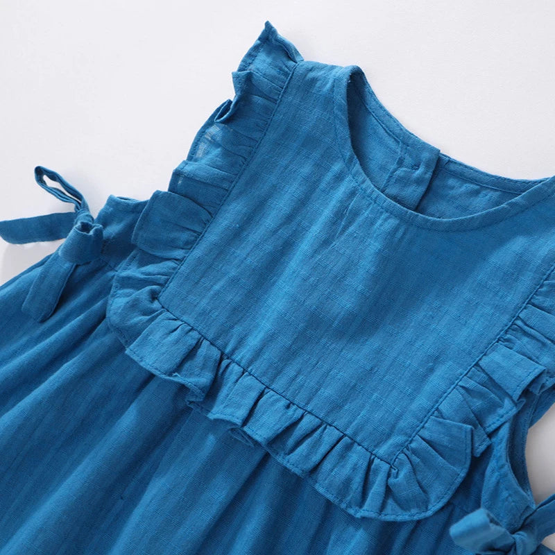 New Summer Kids Sundress Korean Style Ruffled Blue Vest Style Dress for Girls Children Sleeveless Dress 4-6Y Girls