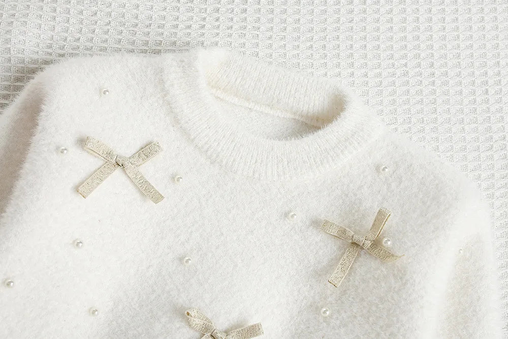 New Autumn Baby Knitwear Cute Girls Bow Bead Children's Sweater Thin Kids Clothes 9M-5T Girls