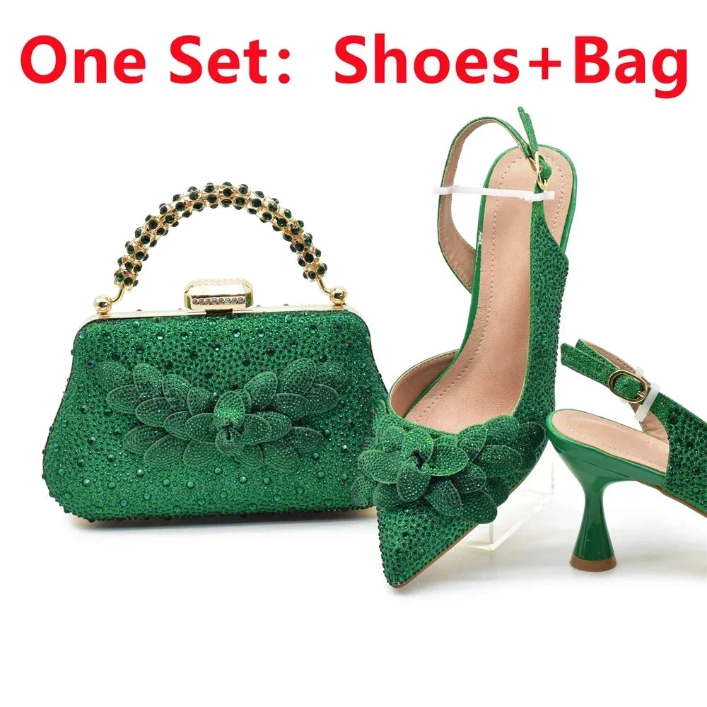 Women's Rhinestones-Decorated Party Luxury Italian Pointed Toe Shoes and Bag Set for Ladies' Wedding Pumps With High Heel