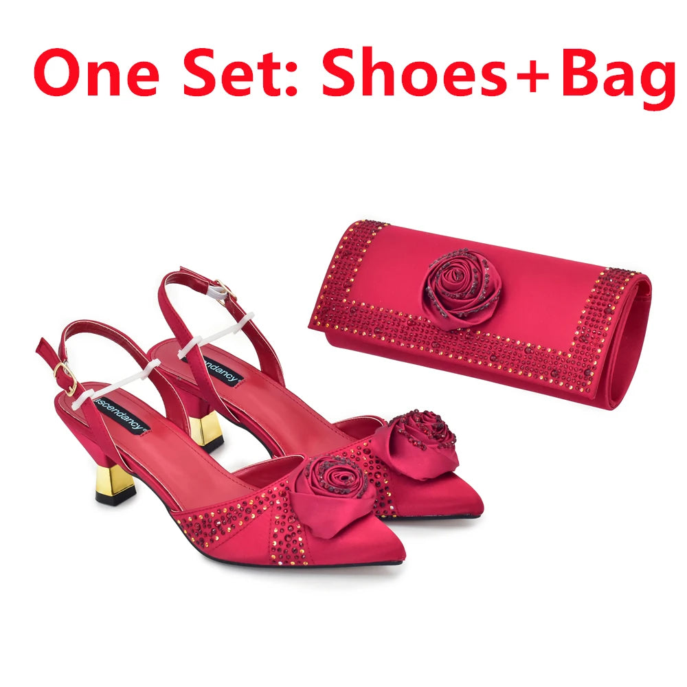 2025 Italian Design African Women's High Heels Pointed Toe Sandals Party Wedding Party Shoes and Bags Set for Wedding