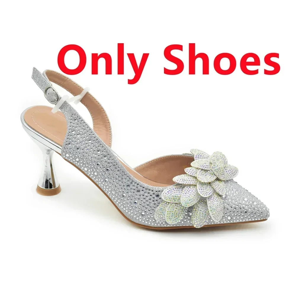 Women's Rhinestones-Decorated Party Luxury Italian Pointed Toe Shoes and Bag Set for Ladies' Wedding Pumps With High Heel