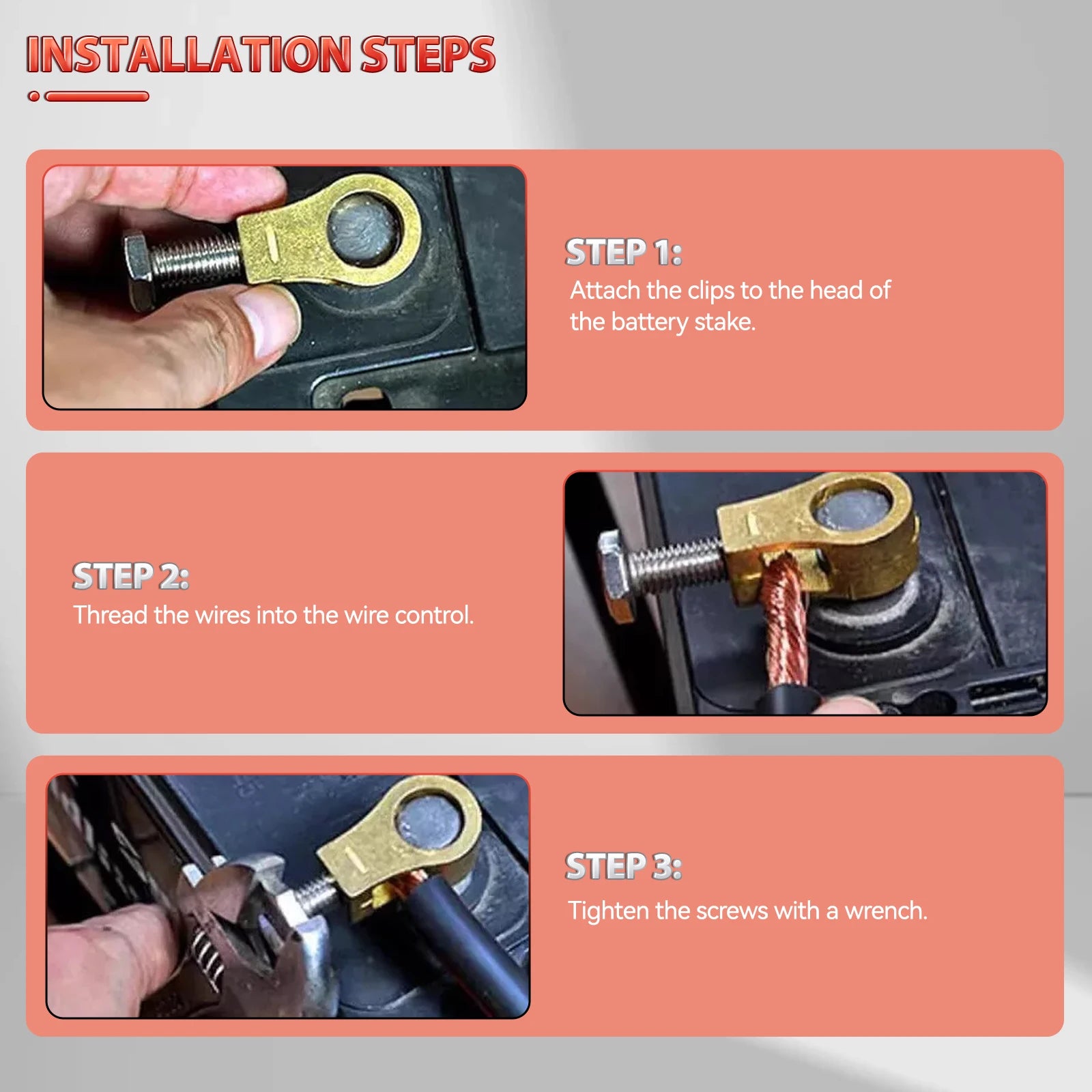 2pcs Pure Brass Car Battery Terminal Wire Cable Clamp Top Quick Post Positive & Negative Connection Clips with Washers Universal