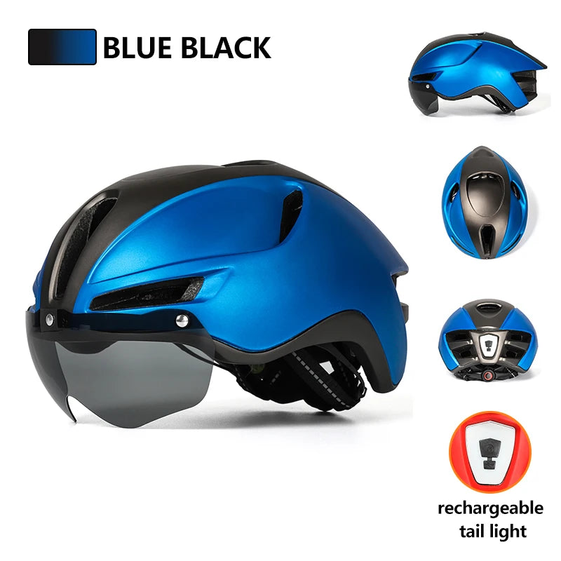 New Road Mountain Bike Helmet Adult Men's Outdoor Sports Cycling Safety Hat With LED Charging Taillight Goggles