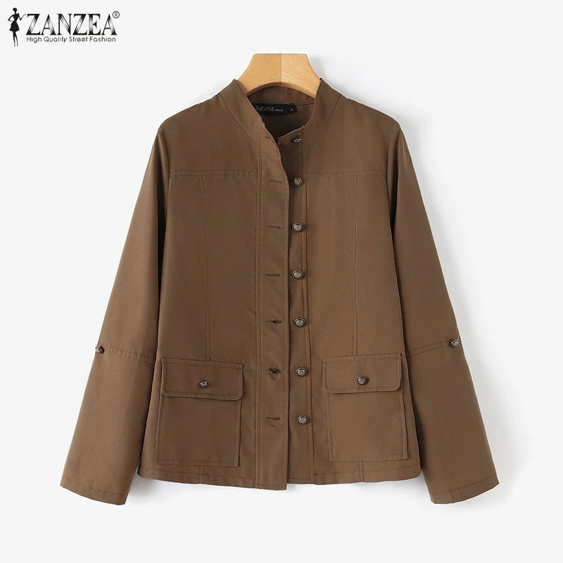 Fashion OL Jackets Woman Long Sleeve Stand Collar Outerwear Autumn Vintage Party Work Wear Female Elegant Button UP Coats