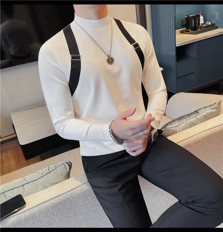 Men's Strap Long-Sleeved T-shirt For Autumn and Winter, Slim Fit Half Turtleneck Bottoming Shirt, Fashion City Knitwear