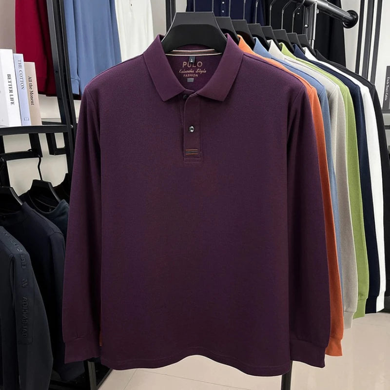 Men's Autumn 100% Breathable Cotton, Long-Sleeve Polo Shirt - Classic Cotton Collared T-Shirt With Business Casual Design