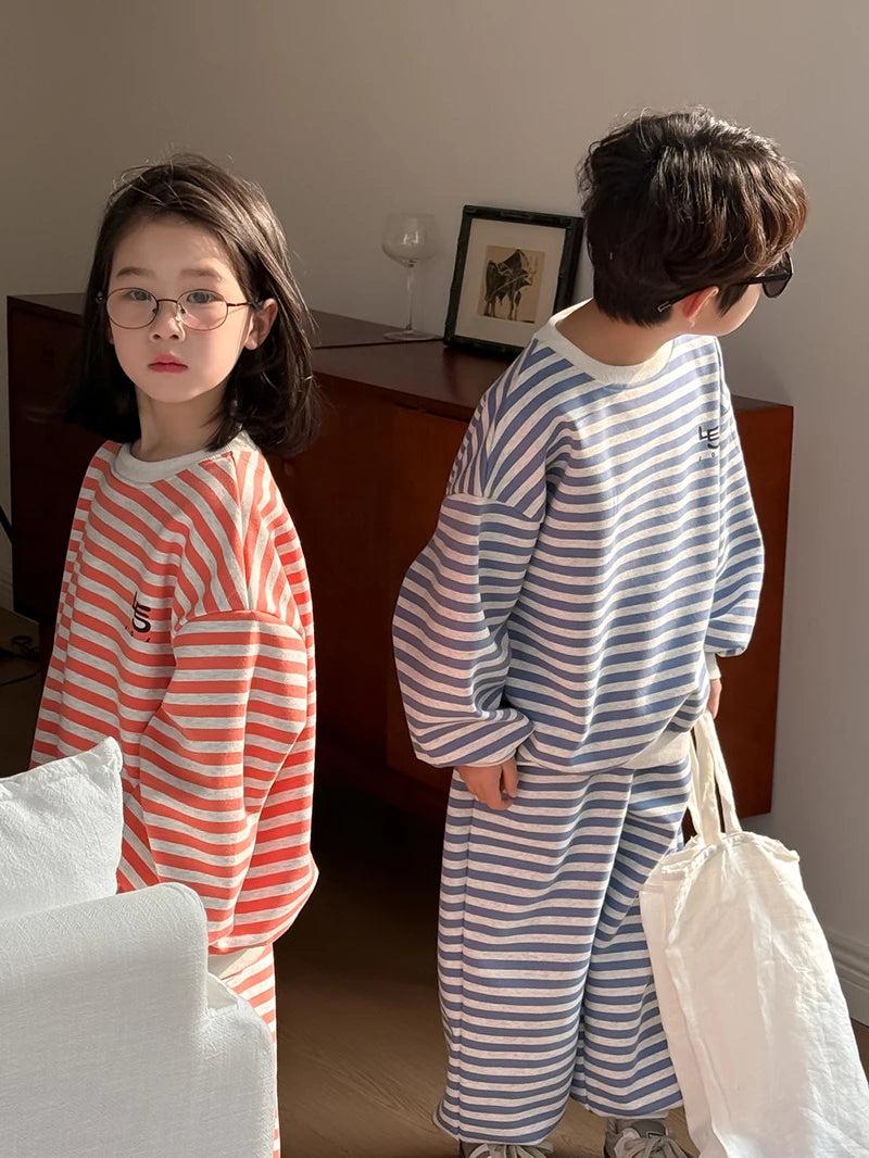 Spring Children's Clothes Boys' Tracksuit Kid's O-Neck Hoodie Set Girls' Korea Striped Letter Printed Sweatshirt 2Pcs Suit 4-6Y Unisex