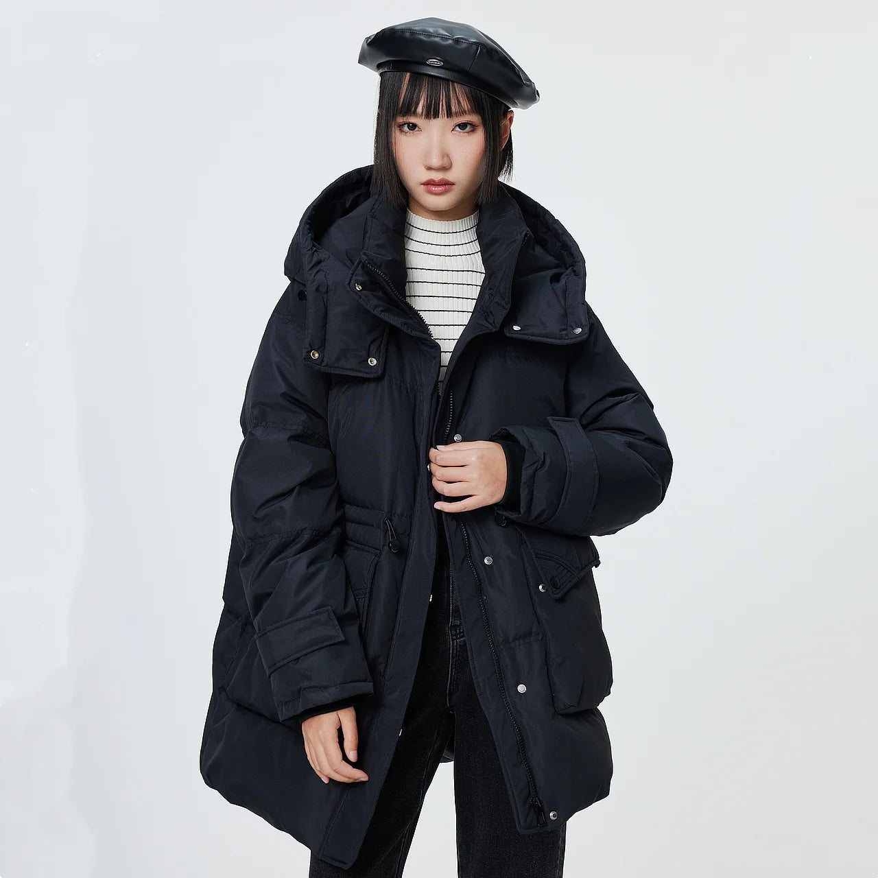Women's Winter Warm Oversized Long Hooded Down Jacket, Adjustable Pig Nose, Buckle Waist Belt Utility Duck Down Parka For Ladies
